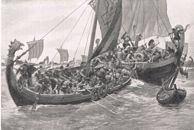 Britains First Naval Battle, illustration from British Battles on Land and Sea, published by Cassell, London, c.1910 by A. Forrestier